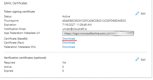 Download SAML signing certificate